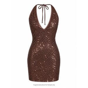 Olia Brown Sequin Halter Mini Dress‎ Bodycon Party Club Cocktail Women's XS